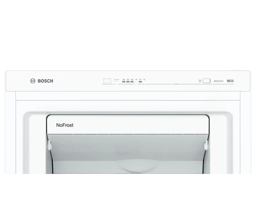 Detailansicht eines Gefrierschranks mit der Aufschrift NoFrost und dem Bosch Logo