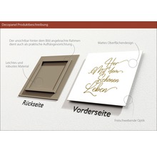 Decopanel Produktbeschreibung mit Rückseite und Vorderseite mit der Aufschrift Her mit dem schönen Leben