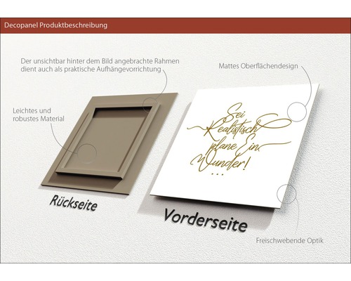 Decopanel Produktbeschreibung mit Rahmenrückseite, Vorderseite, matter Oberfläche und schwebender Optik
