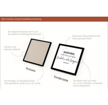 Produktbeschreibung eines Bilderrahmens mit Aufhängvorrichtung und Schriftzug