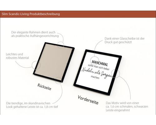 Produktbeschreibung eines Bilderrahmens mit Aufhängvorrichtung und Schriftzug