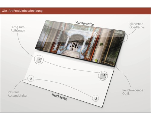 Glasbild mit Gebäudeansicht, inklusive Abstandshalter zur Aufhängung