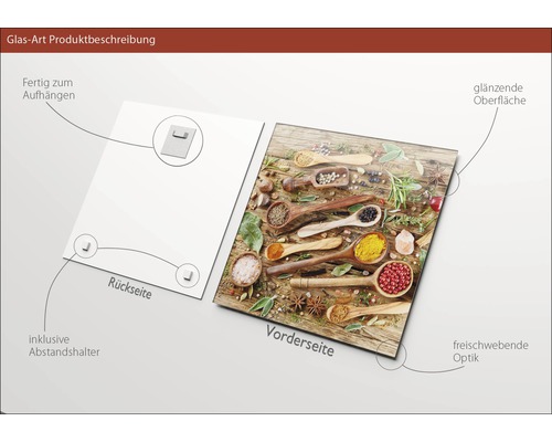 Glasbild mit Gewürzmotiv, inklusive Halterung zur Wandmontage