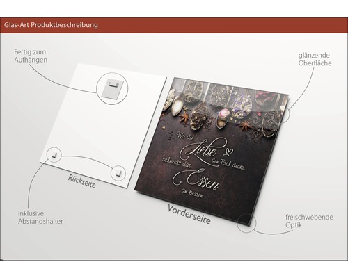 Glasbild mit Aufhängung und dem Spruch Wo die Liebe den Tisch deckt, schmeckt das Essen am besten