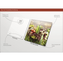 Glasbild mit Gemüsemotiv, inklusive Wandhalterung und Abstandshalter.