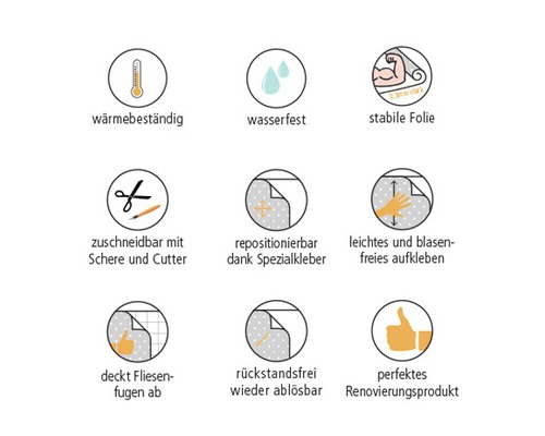 Symbole für: hitzebeständig, wasserfest, stabile Folie, mit Schere und Cutter zuschneidbar, repositionierbar dank Spezialkleber, leichtes und blasenfreies Aufkleben, deckt Fliesenfugen ab, rückstandsfrei wieder ablösbar, perfektes Renovierungsprodukt