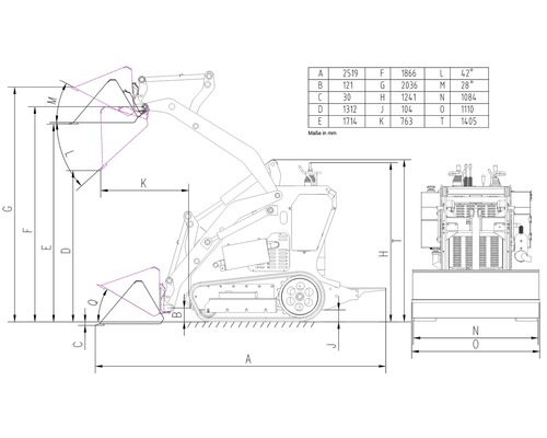Maßzeichnung eines Kompaktladers mit detaillierten Abmessungen