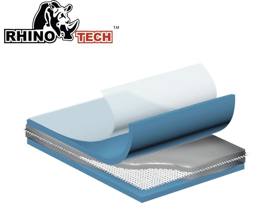Rhino Tech Logo. Querschnitt einer Abdichtungsbahn mit mehreren Schichten.