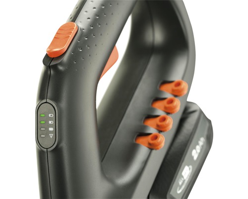 Detailansicht eines Grasschneiders mit Bedienelementen und Akkuanzeige