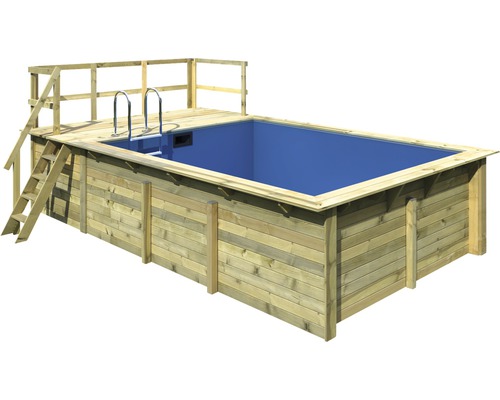 Aufstellpool Holzpool-Set Karibu Grösse 2 rechteckig 582x353x124 cm inkl. Bodenschutzvlies, Innenauskleidung mit Keilbiese & Leiter mit Plattform-0