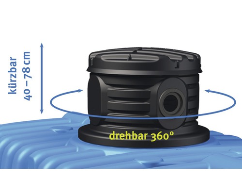 Detaillierte Ansicht eines um 360 Grad drehbaren Regentonnen-Zubehörteils, höhenverstellbar von 40 bis 78 Zentimeter.