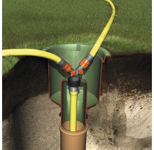 Unterirdischer Wasserverteiler mit Anschluss für Gartenschläuche in einer Gartenanlage