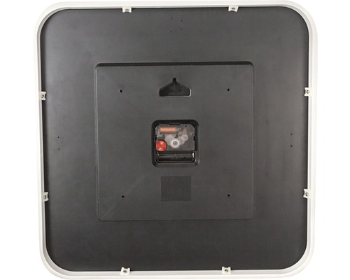 Rückseite einer quadratischen Wanduhr mit Aufhängung