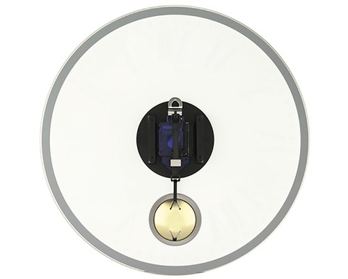 Rückansicht einer runden Wanduhr mit Pendel