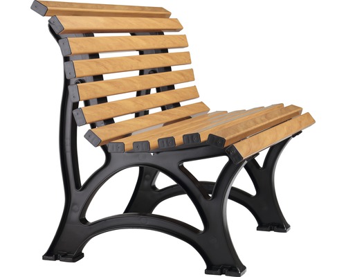 Holzbank mit Rückenlehne und schwarzem Gestell für den Außenbereich