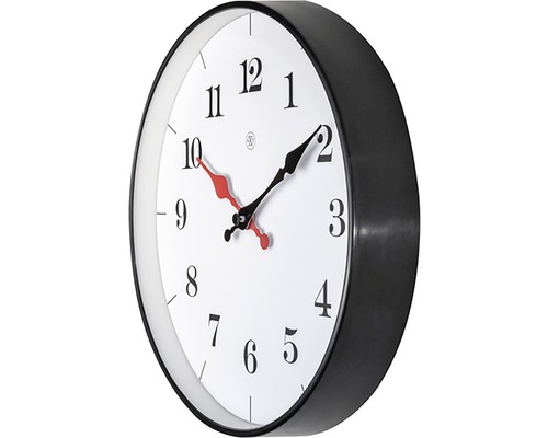 Wanduhr mit schwarzem Rahmen und Ziffernblatt