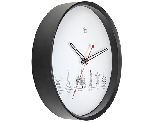 Wanduhr mit Illustrationen internationaler Sehenswürdigkeiten