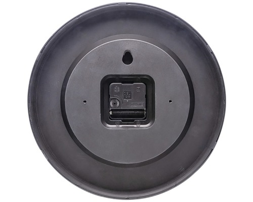 Rückseite einer runden Wanduhr mit Batteriefach und Aufhängevorrichtung