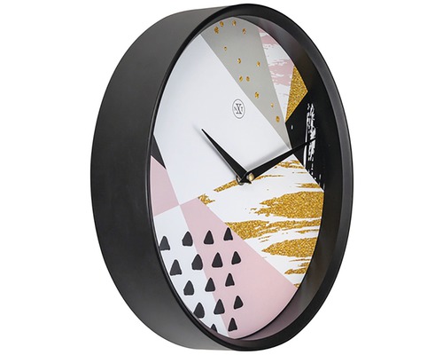Wanduhr mit abstraktem Muster und schwarzem Rahmen