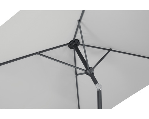 Detailansicht der Unterseite eines Sonnenschirms mit Stoffbespannung und Metallgestell