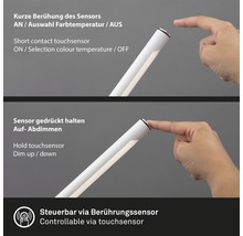 Bedienung einer Lampe durch kurzes Berühren des Sensors zum Ein- und Ausschalten, sowie zur Auswahl der Farbtemperatur, durch längeres Berühren des Sensors kann die Lampe gedimmt werden. Die Lampe ist durch einen Berührungssensor steuerbar.
