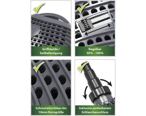 Detailansichten eines Teichfilters mit Griffmulde, Seilbefestigung, Regler von 50 bis 100 Prozent, Schmutzdurchlass bis 10 mm Korngröße und verstellbarem Schlauchanschluss