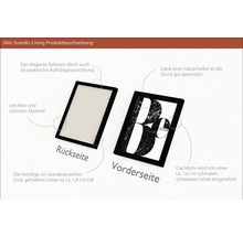 Produktbeschreibung für einen schwarzen Bilderrahmen mit Aufhängevorrichtung und Glasabdeckung