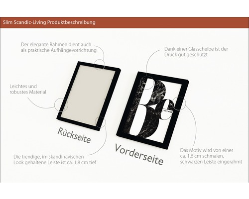 Produktbeschreibung für einen schwarzen Bilderrahmen mit Aufhängevorrichtung und Glasabdeckung