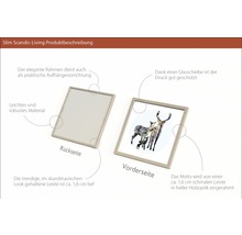 Produktbeschreibung eines Bilderrahmens mit Tiermotiv. Vorder- und Rückseite sind dargestellt.