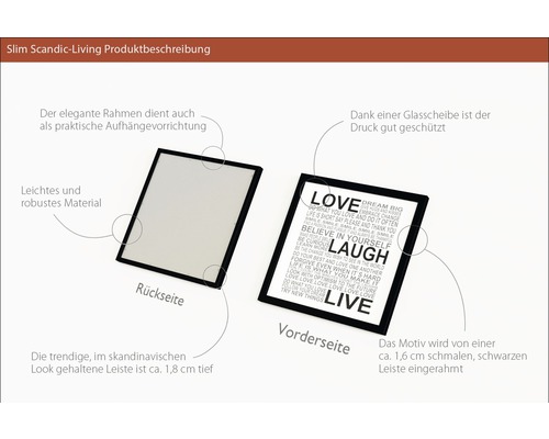 Produktbeschreibung eines Bilderrahmens mit Glasabdeckung und Schriftzug