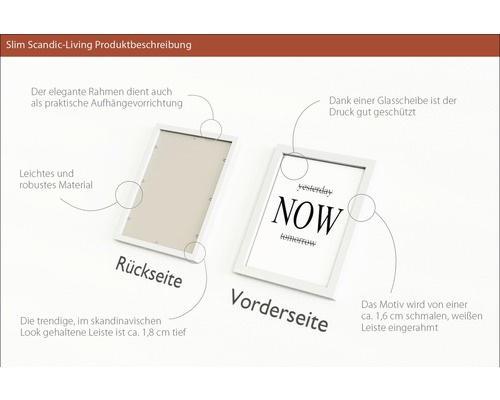Zwei weiße Bilderrahmen, einer mit der Rückseite und einer mit der Vorderseite, mit dem Text: Yesterday, Now, Tomorrow