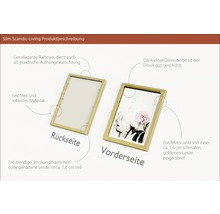 Zwei goldfarbene Bilderrahmen zeigen Vorder- und Rückseite des Produkts.