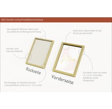 Produktbeschreibung eines Bilderrahmens mit schmalem, goldenem Rahmen, Vorder- und Rückseite.