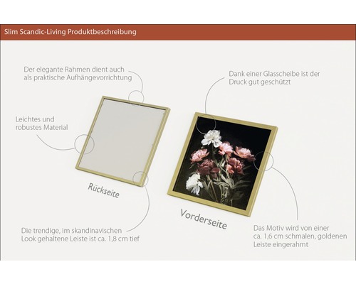 Zwei Slim Scandic-Living Bilderrahmen, Vorder- und Rückseite, mit schmaler, goldener Leiste und floralem Druck