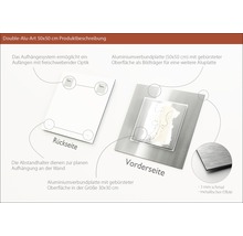 Produktbeschreibung der Double-Alu-Art 50x50 cm mit Aufhängesystem und Aluminiumverbundplatte.