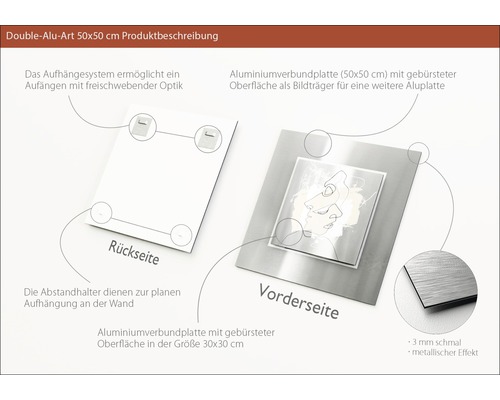 Doppel Aluminium Kunst 50x50 cm Produktbeschreibung mit Aufhängesystem auf der Rückseite und Aluminiumverbundplatte mit gebürsteter Oberfläche auf der Vorderseite