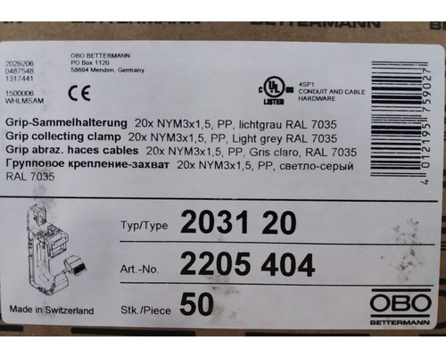 OBO Bettermann Grip-Sammelhalterung, 20 Stück NYM3x1,5, PP, lichtgrau RAL 7035