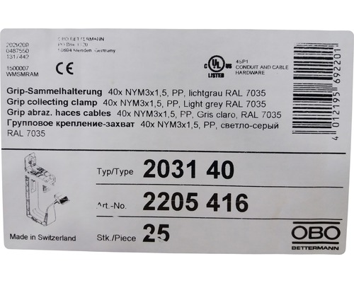 Etikett mit Informationen zu Kabelsammelhaltern