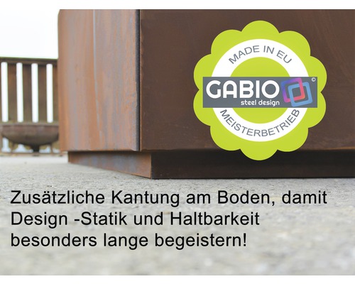 Gabio Steel Design Pflanzkasten mit zusätzlichem Kantenschutz am Boden und Made in EU Siegel