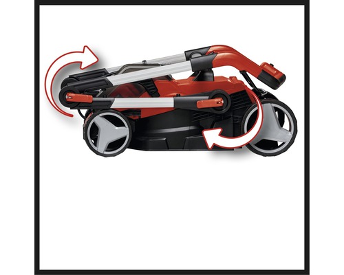 Zusammengeklappter Rasenmäher zur platzsparenden Aufbewahrung.