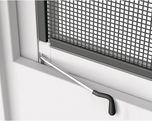 Detailaufnahme eines Insektenschutzgitters mit Bedienhebel am Fenster