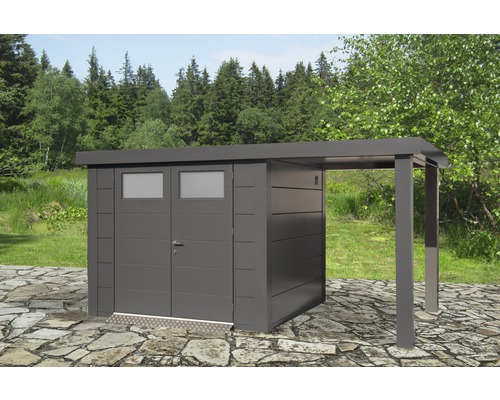 Metall Gerätehaus mit Überdachung im Garten