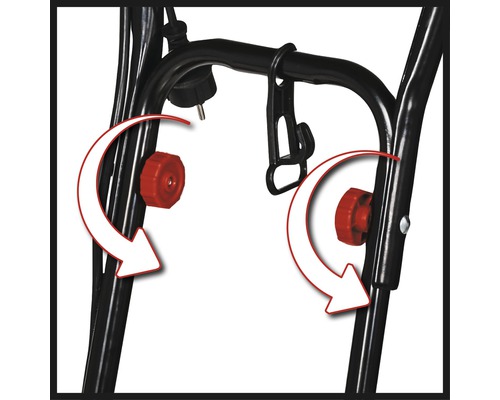 Detailansicht eines Gartengeräts mit roten Stellschrauben und Hinweispfeilen zur Veranschaulichung der Funktionsweise.