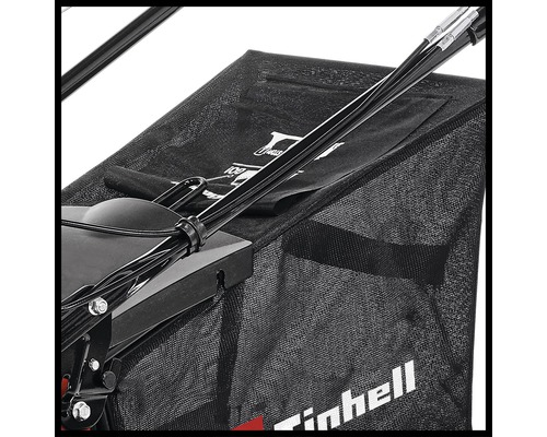 Detailansicht eines Rasenmähers mit Fangkorb von Einhell