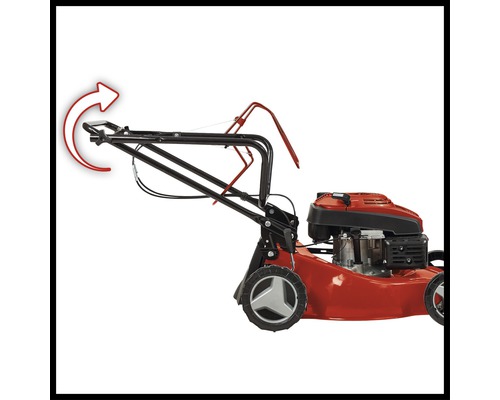 Roter Rasenmäher mit verstellbarem Griff und rotem Pfeil
