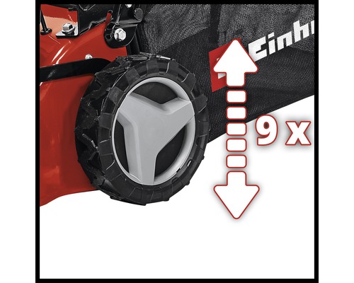 Raddetail eines Rasenmähers mit neunfacher Schnitthöhenverstellung