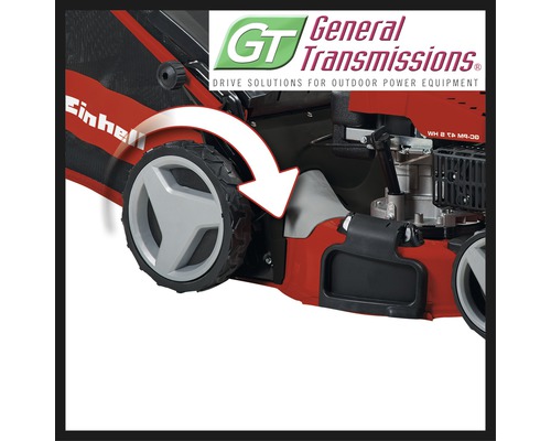 Detailansicht eines Rasenmähers mit Fokus auf die Höhenverstellung und das General Transmissions Logo.