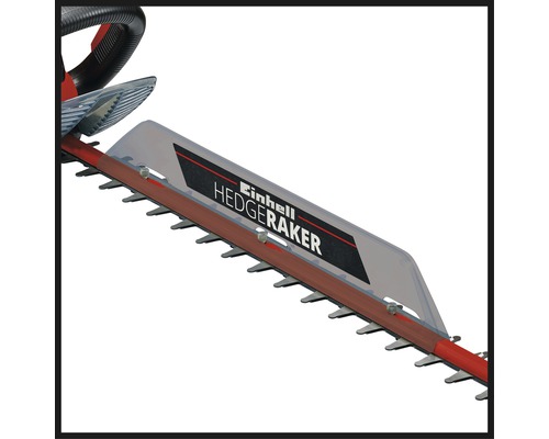 Einhell Heckenschere Detailansicht der Klingen und des Hedge Raker Aufsatzes.