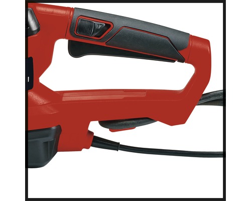 Detailansicht eines roten Elektrogeräts mit Griff und Schalter