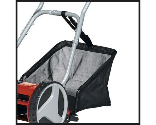 Detailansicht eines Handrasenmähers mit Fangkorb